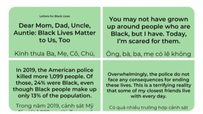  Những thông điệp của các bức thư Letters for Black Lives kèm với phần dịch tiếng Việt được Catherine Trần thu thập để chia sẻ với gia đình và bạn bè nhằm giúp họ hiểu về cuộc tranh đấu của người da đen đòi quyền bình đẳng. (Twitter Catherine)