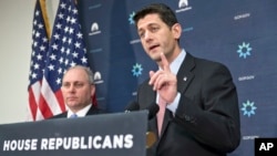 House Speaker Paul Ryan, joined by House Majority Whip Steve Scalise, left, meets with reporters on Capitol Hill, Nov. 17, 2015, following a GOP strategy session.