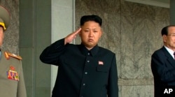 FILE - North Korean leader Kim Jong Un (C) salutes during a Sept. 9, 2013, military parade in Pyongyang.