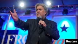 Former White House chief strategist Steve Bannon delivers remarks during the Value Voters Summit at the Omni Shoreham Hotel in Washington, Oct. 14, 2017. 