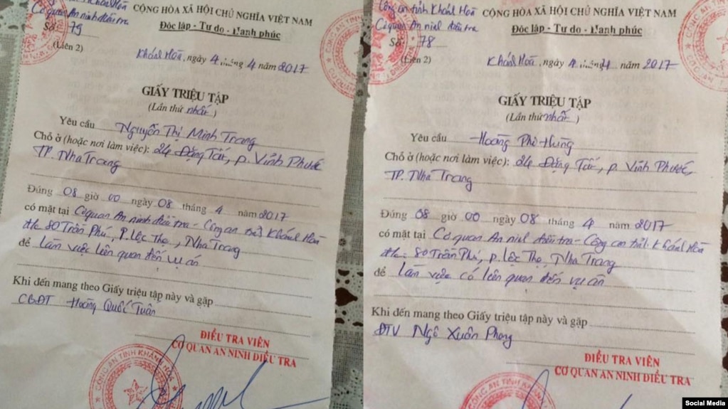 Giấy triệu tập gửi cho bà Nguyễn Thị Minh Trang và ông Hoàng Phi Hùng (Facebook Nguyễn Thị Tuyết Lan)