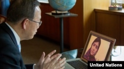 UN Secretary-General Ban Ki-moon speaks via Skype with Pakistan's Malala Yousufzai, Apr. 5. 2013