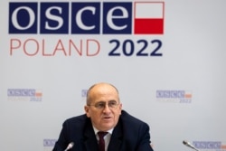 The designated OSCE Chairman-in-Office and Minister of Foreign Affairs of Poland, Zbigniew Rau, speaks during a news conference in Vienna, Austria, , Jan. 13, 2022.