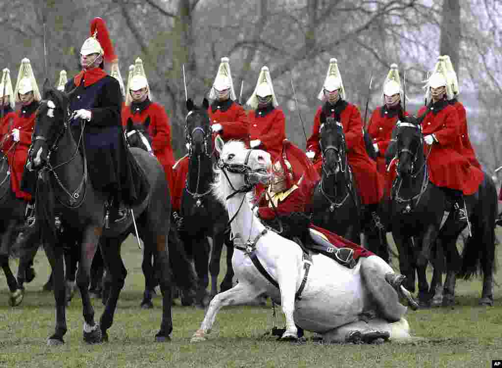 A trumpeter falls off his horse as the Household Cavalry Mounted Regiment parades in Hyde Park in London.