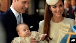 Britain's Prince William, Kate Duchess of Cambridge with their son Prince George arrive at Chapel Royal in St. James's Palace in London, for the christening of the three month-old Prince George, Oct. 23, 2013. 