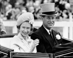 In this June 19, 1962 file photo, Britain's Prince Philip and his wife Queen Elizabeth II arrive at Royal Ascot race meeting, England. (AP Photo/File)