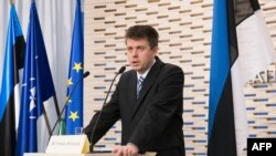 Estonian Defense Minister Urmas Reinsalu speaks during a joint press conference with his French counterpart in Tallinn, Estonia on March 21, 2014.