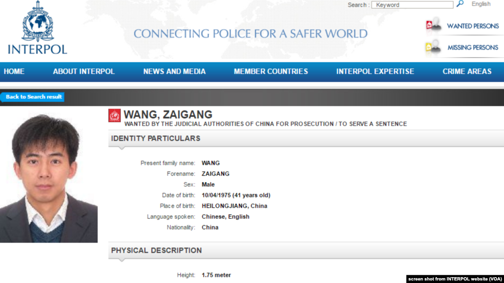 2015年中国政府通过国际刑警组织通缉王在刚(网络截图)