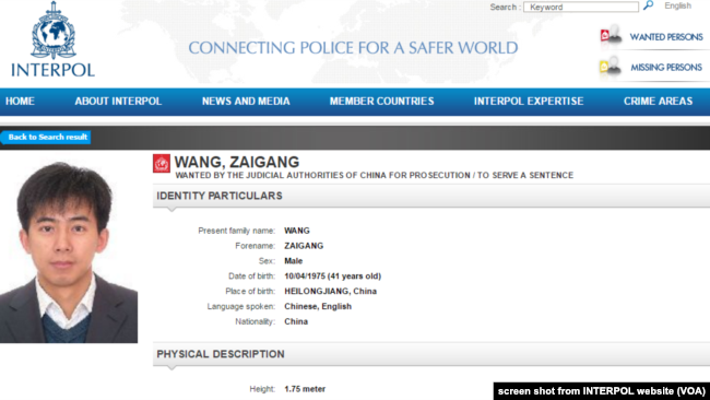 2015年中国政府通过国际刑警组织通缉王在刚(网络截图)