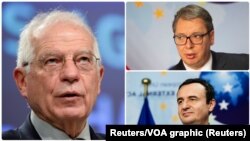 Šef diplomatije Evropske unije Žosep Borelj i pregovarači u briselskom procesu Aleksandar Vučić i Aljbin Kurti (Foto: Reuters/VOA graphic)