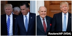 This composite photo shows U.S. President-elect Donald Trump with former Massachusetts Governor Mitt Romney, and former New York Mayor Rudy Giuliani with Trump, both from November 2016.