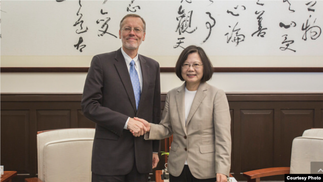 台湾总统蔡英文星期四接见美国在台协会台北办事处长郦英杰(台湾总统府提供)