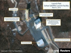 The Sohae Satellite Launching Station launch pad features what researchers of Beyond Parallel, a CSIS project, describe as showing the partially rebuilt rail-mounted rocket transfer structure in a commercial satellite image taken over Tongchang-ri, North Korea.