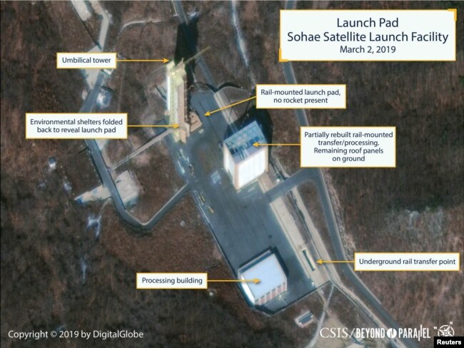 The Sohae Satellite Launching Station launch pad features what researchers of Beyond Parallel, a CSIS project, describe as showing the partially rebuilt rail-mounted rocket transfer structure in a commercial satellite image taken over Tongchang-ri, North Korea.