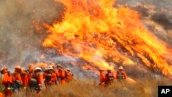 Cuadrillas de bomberos combaten el incendio de "La Tuna" en las colinas de Burbank, muy cerca de Los Angeles, California.
