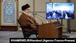 Iran's Supreme Leader Ayatollah Ali Khamenei adresses a crowd via videoconference in the capital Tehran, Jan. 9, 2022.
