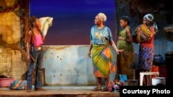 From left, Zainab Jah, Saycon Sengbloh, Pascale Armand, and Lupita Nyong'o in a scene from Danai Gurira's "Eclipsed," directed by Liesl Tommy. (Photo courtesy of Joan Marcus)