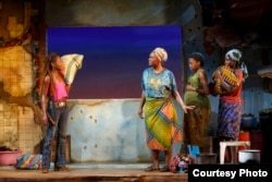 Left to right, Zainab Jah, Saycon Sengbloh, Pascale Armand, and Lupita Nyong'o in a scene from Danai Gurira's "Eclipsed," directed by Liesl Tommy. (Photo courtesy of Joan Marcus)