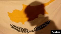 A protester casts his shadow onto a Cypriot flag during an anti-bailout rally outside the presidential palace in Nicosia March 24 , 2013