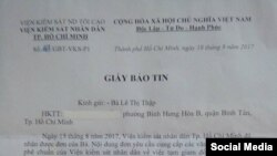 Thông báo của Viện Kiểm sát Tp. Hồ Chí Minh gửi cho bà Lê Thị Thập, vợ của ông Lưu Văn Vịnh. (Ảnh: Facebook Cô Mười Họ Lê)