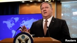 U.S. Secretary of State Mike Pompeo speaks during a briefing at the State Department in Washington, April 8, 2019. 