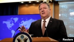 FILE - U.S. Secretary of State Mike Pompeo speaks during a briefing at the State Department in Washington, April 8, 2019. 