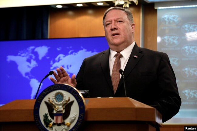 U.S. Secretary of State Mike Pompeo speaks during a briefing on Iran at the State Department in Washington, April 8, 2019.