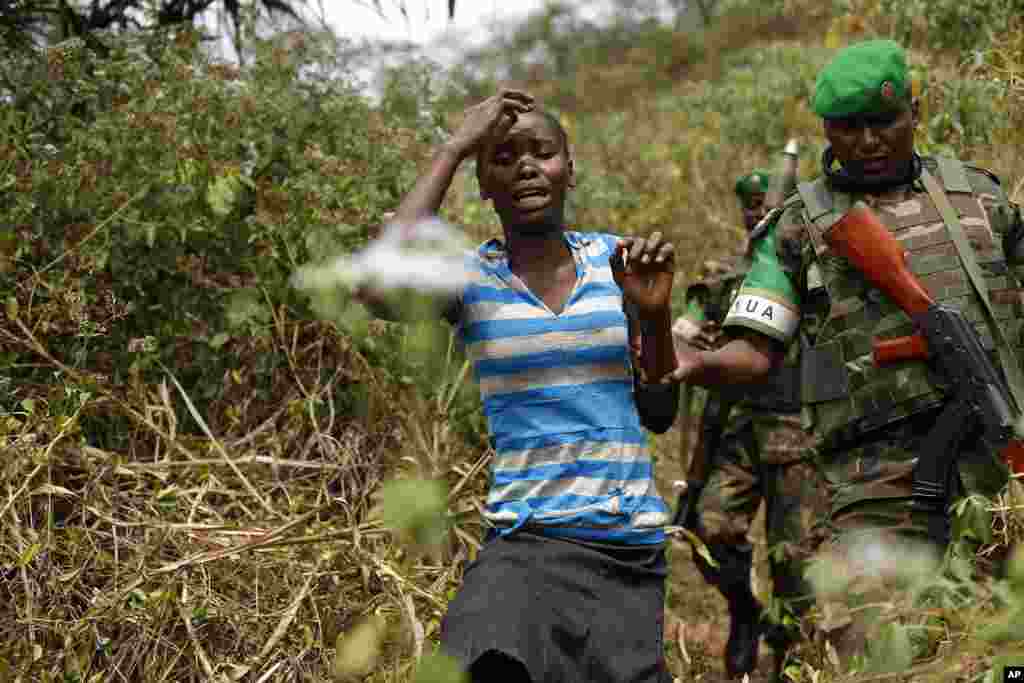 A terrified woman walks down from the bush in the hills 15 Kms (10 miles) outside Bangui, Central African Republic, Friday Jan. 24, 2014, as Rwandan troops tell her to calm down during a weapons search operation. No weapons were found. Christian militiam