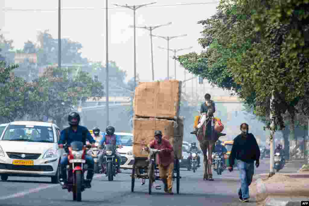 Seorang pria menggunakan ponselnya saat mengendarai untanya di sepanjang jalan di tengah kondisi kabut asap di New Delhi, 5 November 2020. (foto: AFP / J. Samad)&nbsp;