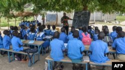 FILE - A teacher conducts his class under a tree in Moho, a village in the Northern Province of Cameroon, Sept. 16, 2016.