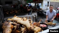 玉林狗肉節狗肉市場裡的一個攤位。 (2018年6月21日路透社)