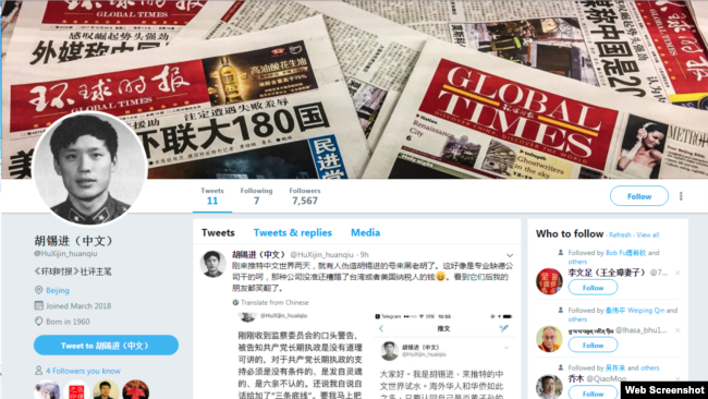 环球时报总编胡锡进推特页面截图