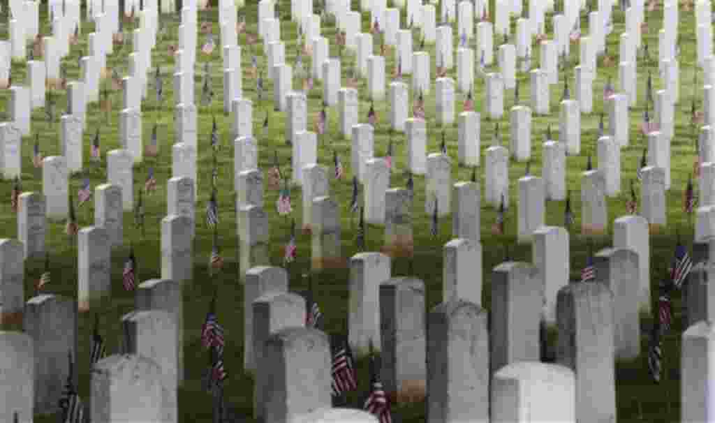 Banderas estadounidenses adornan el cementerio de Washington.