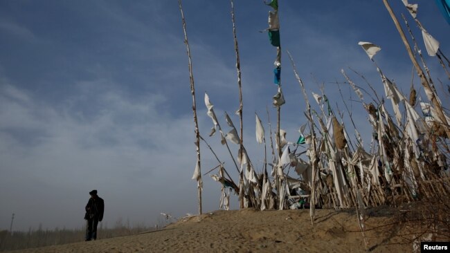 An ethnic Uighur stands in front of a grave at the cemetry surrounding the tomb of Imam Asim in the Taklamakan Desert outside the village of Jiya near Hotan, Xinjiang Uighur Autonomous Region, China, March 21, 2017.