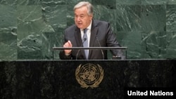 Secretary-General Antonio Guterres pays tribute to the memory of His Excellency Kofi Annan, seventh secretary-general of the United Nations at the General Assembly, Sept. 21, 2018, in New York.