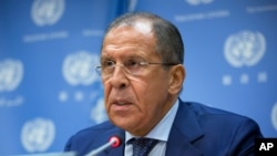 Russian Foreign Minister Sergei Lavrov delivers remarks during a news briefing at United Nations headquarters, Oct. 1, 2015. 
