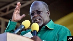 FILE - In this Oct. 23, 2015, photo, Tanzania President John Magufuli addresses a rally in Dar es Salaam, Tanzania.