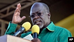 FILE - In this Oct. 23, 2015, photo, Tanzania President John Magufuli addresses a rally in Dar es Salaam, Tanzania.