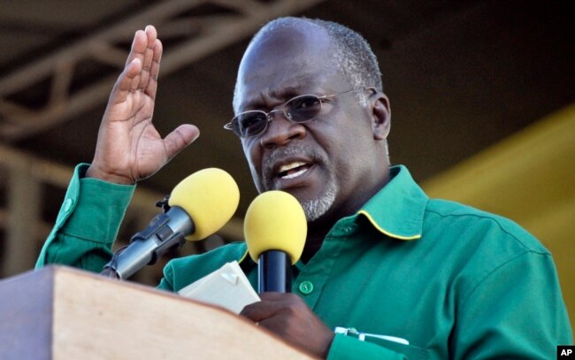 FILE - In this Oct. 23, 2015, photo, Tanzania President John Magufuli addresses a rally in Dar es Salaam, Tanzania.