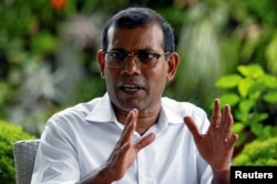 FILE - Maldives' former president Mohamed Nasheed speaks during an interview with Reuters in Colombo, Sri Lanka, June 4, 2018.