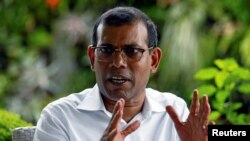 FILE - Maldives' former president Mohamed Nasheed speaks during an interview with Reuters in Colombo, Sri Lanka, June 4, 2018. 