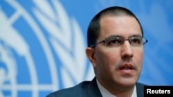 Venezuela's Foreign Minister Jorge Arreaza attends a news conference during the Human Rights Council at the United Nations in Geneva, Switzerland, Feb. 27, 2018. 