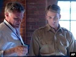 Joe Johnston and Chris Evans in "Captain America: The First Avenger"