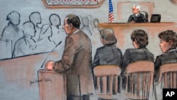 It this courtroom sketch, U.S. Attorney William Weinreb, left, is depicted delivering opening statements in front of U.S. District Judge George O'Toole Jr., right rear, on the first day of the federal death penalty trial of Boston Marathon bombing suspect Dzhokhar Tsarnaev, March 4, 2015, in Boston.