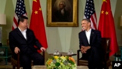 지난 7일 미국 서부 캘리포니아주 란초미라지에서 바락 오바마 미국 대통령(오른쪽)과 시진핑 중국 국가주석이 정상회담을 가졌다. (자료사진)