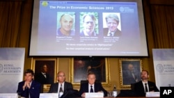 The Royal Swedish Academy of Sciences announces the winners of 2013 Nobel Memorial Prize in Economic Sciences as Eugene Fama, Lars Peter Hansen and Robert Shiller in Stockholm, Oct. 14, 2013.