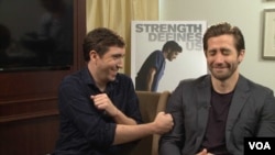 Actor Jake Gyllenhaal with Boston Marathon bombing survivor Jeff Bauman, whom he plays in the movie "Stronger", Sept. 21, 2017. (Photo: P. Poulou / VOA )