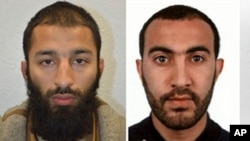 A combo handout issued by the Metropolitan Police, June 6, 2017, shows Khuram Shazad Butt (L) and Rachid Redouane (R), named as two of three suspects in Saturday's attack at London Bridge. (Metropolitan Police via AP)