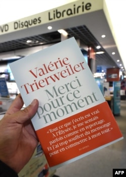 The book of French President former partner Valerie Trierweiler entitled "Merci pour ce moment" (Thanks you for this moment) some hours after its release in a Montpellier bookstore, Sept. 4, 2014.