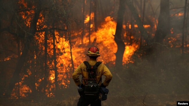 一名美国加州的消防队员监察着山火火情。（2020年10月2日）